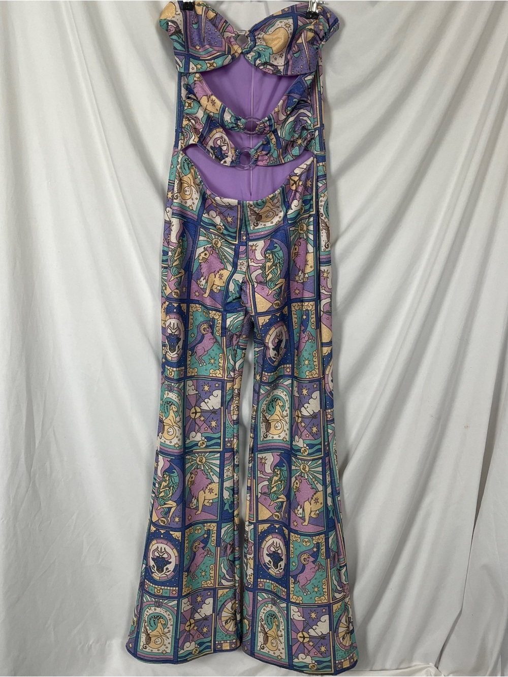 Oceanus Eden Strapless Lurex Glitter Zodiac Cut-Out Flare Bell Bottom Jumpsuit L